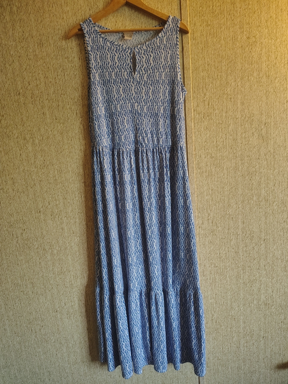Chico's Blue & White Tiered Chevron Jersey Knit Maxi Dress, Sz 1
